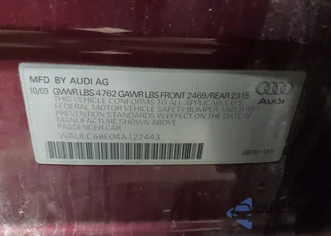 2004 Audi A4 1.8T из США, поврежденный, VIN WAULC68E04A122443